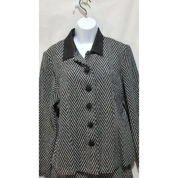 Vintage 90s Skirt Suit Leslie Fay 12 Black Chevron Long Sleeve Faux Leather Trim - Picture 3 of 10